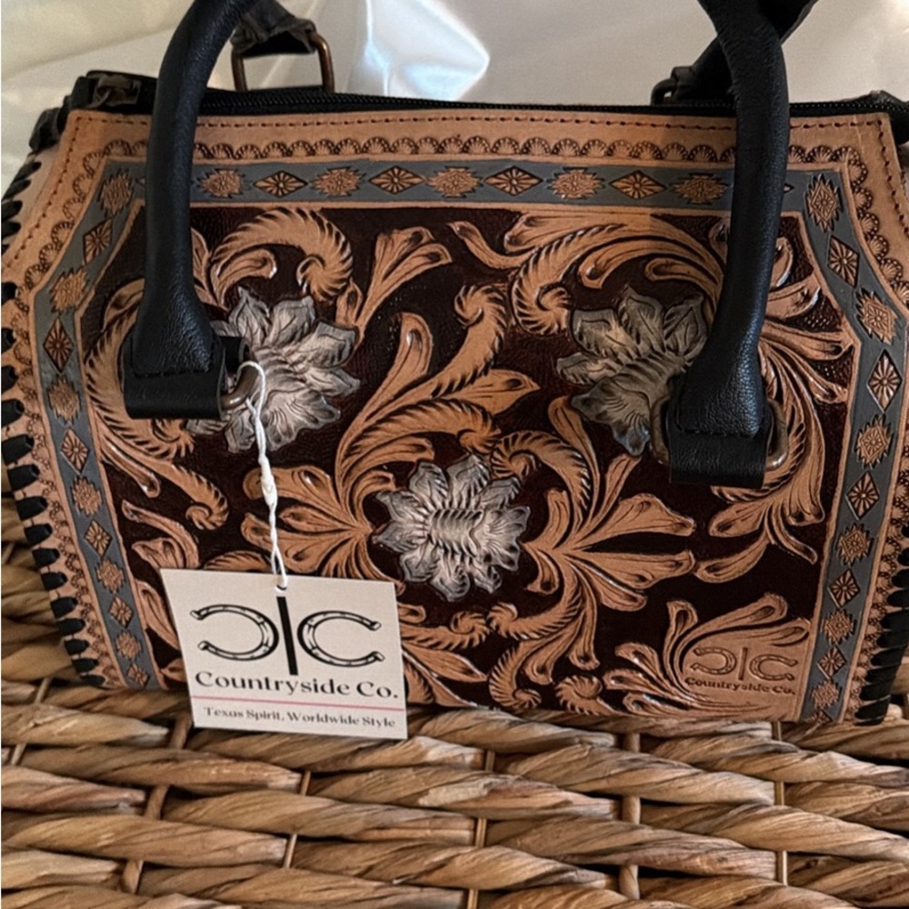 Floral Tooled Leather Satchel - Brown & Black